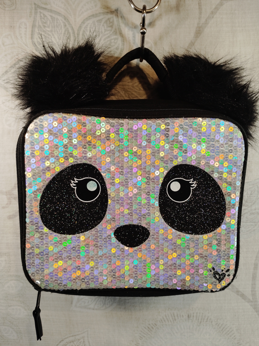 Justice Silver Sequin Panda Kids Lunch Tote Bag with Black Fur Ears